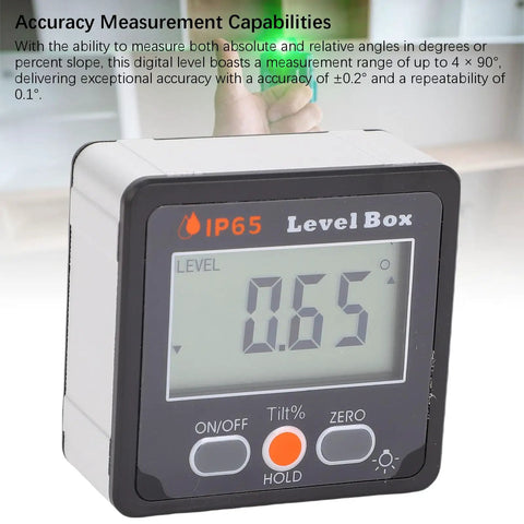 Built Tough Heavy Duty Digital Angle Finder With Crisp Backlit LCD Screen And Rock Solid Magnet Magnetic Level Box Inclinometer showing IP65 level measurement.