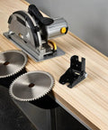 Heavy Duty Folding Hinges 2 Pack Self Locking 90 Degree Iron Hinges shown with saw and blades on a wooden workbench.