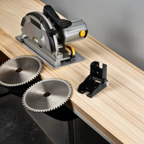 Heavy Duty Folding Hinges For Tables And Benches Self Locking 90 Degree Hinge next to saw blades on wooden surface