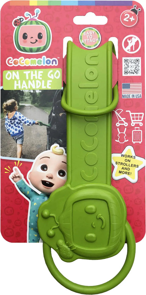 Green CoComelon detachable toddler stroller handle for child safety keeps kids close and ready for travel, ideal Disney trip essential.