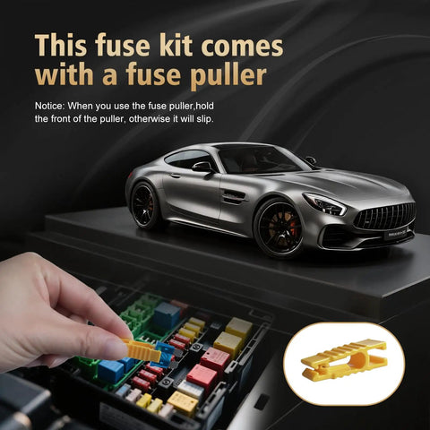 Image of Solid Car Fuses Assortment Kit with fuse puller in use, showing colorful fuses and a silver model car.