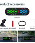 Top Shelf Head Up Display For Rivian R2 2026 Digital Speedometer Projector showing dashboard kit and accessories including mount, cable, and manual.