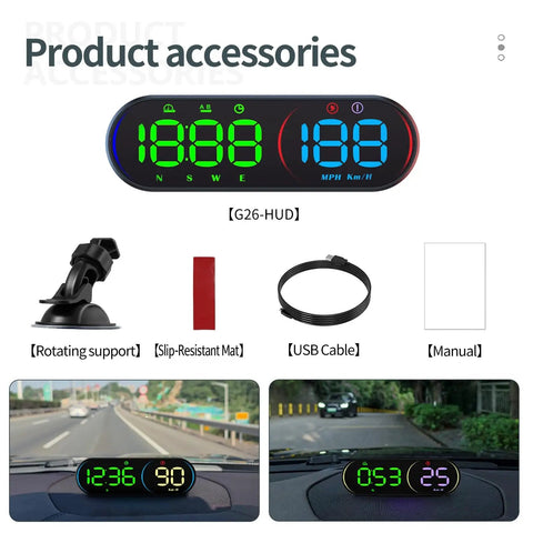 Top Shelf Head Up Display For Rivian R2 2026 Digital Speedometer Projector showing dashboard kit and accessories including mount, cable, and manual.