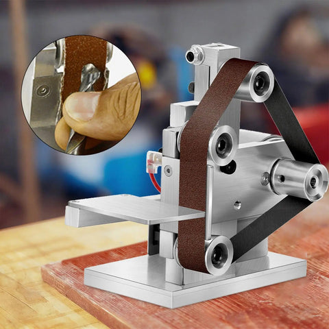 Pugermering Mini Belt Sander Electric Power Tool With Bench Grinder And Polisher Functions Adjustable Angle Worktable Compact Aluminum Alloy Design 30X300mm Ribbed Wheel Automatic Correction For DIY Projects close-up of sanding belt mechanism.