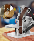 Sturdy Mini Belt Sander With Adjustable Aluminum Worktable And Auto Deviation Correction perfect for DIY polishing wood metal plastic, showcasing belt and details.