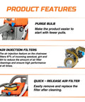 Beast 68Cc Gas Chainsaw With 20 And 24 Inch Guide Bars product features page with purge bulb and air filter details.