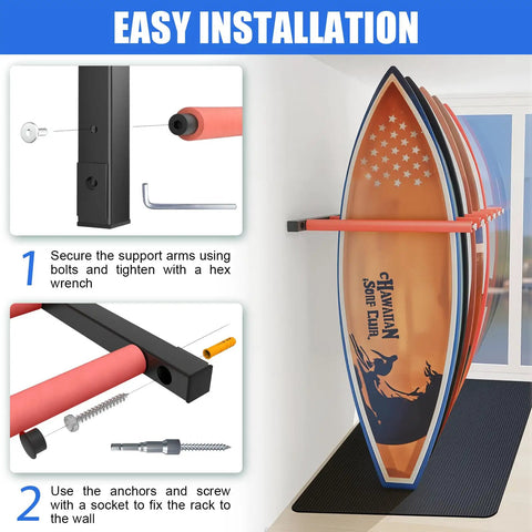 Heavy Duty One Piece Surfboard Wall Rack With Powder Coated Carbon Steel Build Anti Slip Rubber Cradle And Tough Bungee Straps For Secure Garage Organization Holds Up To Six Boards Dope Gear installation guide with bolts and screws for wall mounting.
