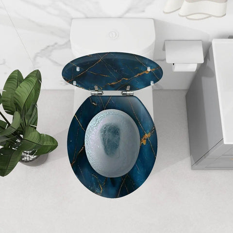 Toilet Seat Round Resin for Bathroom, blue marble design, 14.5" x 16.5", fits most toilets, top view.