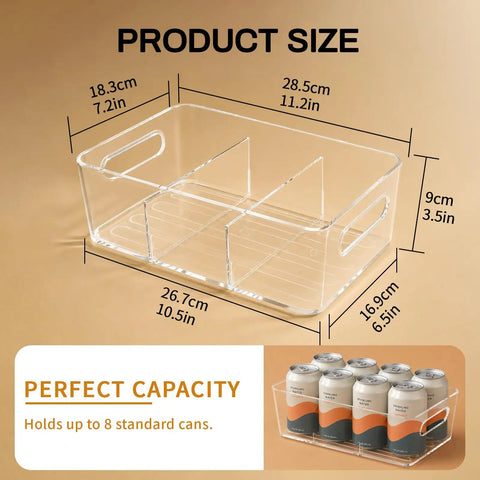 Clear Pantry Organizers And Storage Bins With Quick Adjust Dividers, Super Sturdy Fridge Containers For Kitchen Shelving, 11.2 in size.