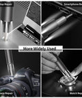 Compact Mini Electric Screwdriver Kit With 55 Bits repairing laptop, smartphone, camera, and watch, showing versatile use.