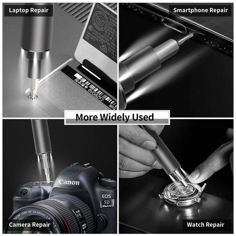 Compact Mini Electric Screwdriver Kit With 55 Bits repairing laptop, smartphone, camera, and watch, showing versatile use.