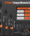 Triple-Drive Click Torque Wrench Set for 1/4, 3/8, and 1/2 Inch Drives, 20-240 in-lb, 5-45 ft-lb, 20-160 ft-lb Ranges, Calibrated to Three Percent with Dual SAE and Metric Scales, Ideal for Bikes, Motorcycles, and Cars. Three-piece torque wrench set in case