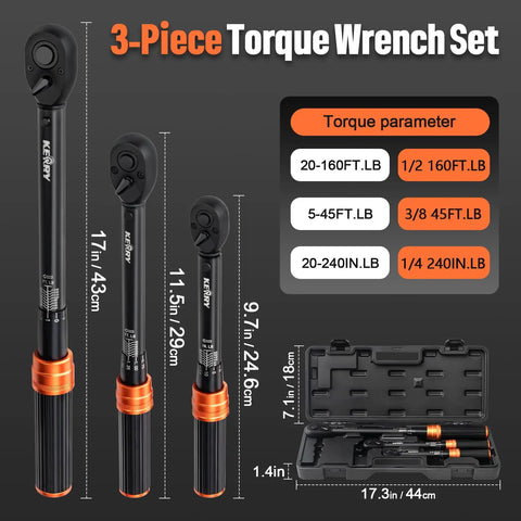 Triple-Drive Click Torque Wrench Set for 1/4, 3/8, and 1/2 Inch Drives, 20-240 in-lb, 5-45 ft-lb, 20-160 ft-lb Ranges, Calibrated to Three Percent with Dual SAE and Metric Scales, Ideal for Bikes, Motorcycles, and Cars. Three-piece torque wrench set in case