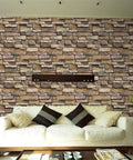 Living room with Peel And Stick Stone Brick Wallpaper For Kitchen Or Bath Backsplash Waterproof Self Adhesive Wall Covering In Beige Brown Realistic Brick Look, Easy Install, Wipe Clean, No Mess DIY Home Decor