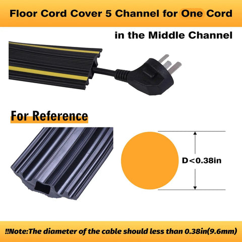 6Ft Floor Cord Protector With 5 Channel Design Soft PVC Cable Cover in black and yellow with power cord reference diagram