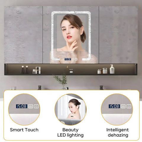 Slick Wall Mounted Double Sink Bathroom Vanity With Led Smart Defogger Mirror And Floating Shelf For Toiletries Modern White Black Finish 56 Inch displaying smart touch mirror and LED lighting.