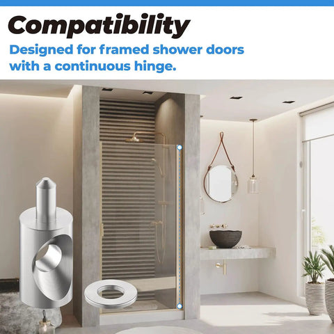 Two Pack Shower Door Pivot Hinge Pin Kit With 5/16 Inch Washers Heavy Duty Stainless Steel Hardware displayed with framed shower door.