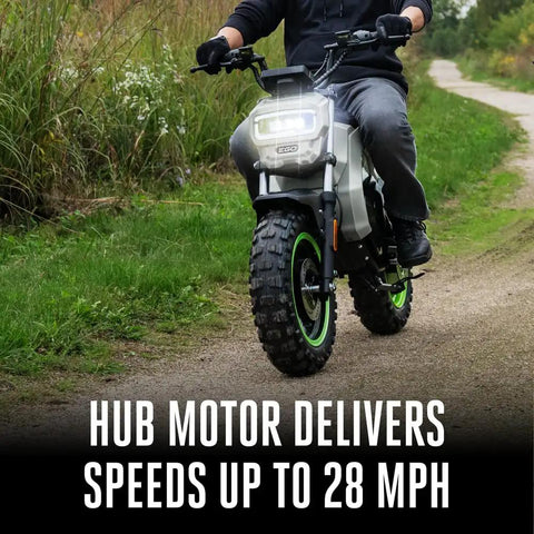 Power Plus Battery Powered Electric Mini Bike With Quiet Hub Motor Top Speed Up To 28 MPH Up To 20 Miles Per Charge 7.5Ah ARC Lithium Batteries Sold Separately Eco Normal Sport Modes With Reverse Parental Controls Battery And Charger Not Included. rider on off-road electric mini bike with knobby tires and headlight on trail