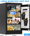 Open Biometric Safe Box 23.6 Inch Tall Home Safe With Water And Fireproof Design, showcasing internal storage compartments.