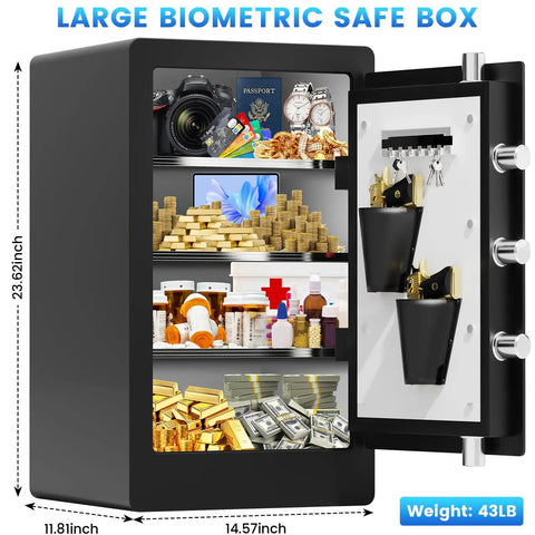 Open Biometric Safe Box 23.6 Inch Tall Home Safe With Water And Fireproof Design, showcasing internal storage compartments.