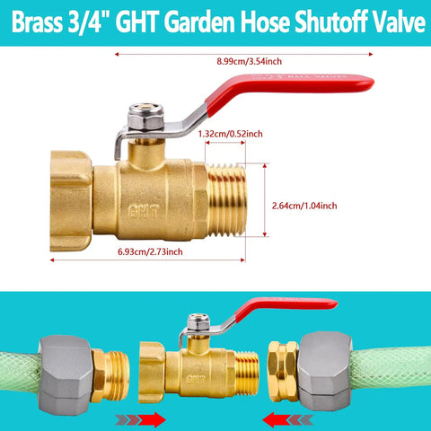 Brass Garden Hose Shut Off Valve Full Flow With Three Quarter Inch GHT Full Port Ball Valve, heavy-duty brass connector with dimensions.