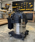 Replacement Tank Lock Clip Fits Dewalt 10 Gallon Wet Dry Vacuum For Dust Collection System. Stainless steel vacuum on workshop floor.