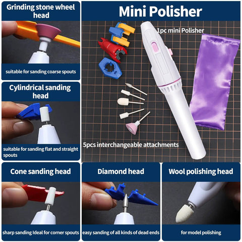 Mini polisher with 5 interchangeable heads, part of the 40 Piece Model Tools Kit For Gundam Building And Repair.