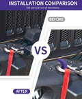 Installation comparison of Purple Bumper Tow Hook Covers Set Two Pack Compatible With 2007 To 2018 Jeep Wrangler JK JKU And 2018 To 2026 JL JLU