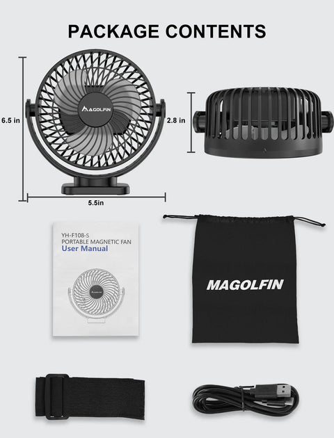 Rechargeable Magnetic Golf Cart Fan With Light And 12000mAh Battery Dual Magnet Base Package Contents with accessories