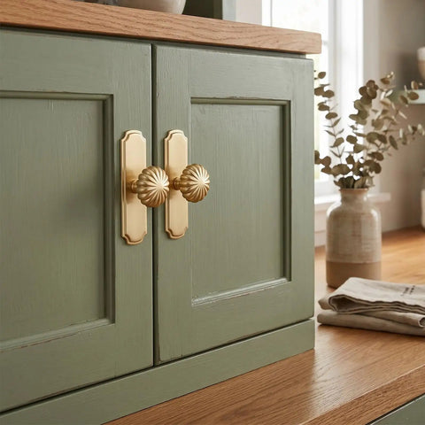 10 Pack Vintage Cabinet Knobs With Backplates In Brushed Brass on green kitchen cabinet doors