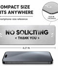Dead Serious No Soliciting Sign Crafted From Brushed 304 Stainless Steel measures 8.27 x 2.36 inches, showcasing raised lettering.