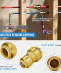 Reducing Coupling 3/4 Inch To 1/2 Inch Lead-Free Brass Push-To-Connect Plumbing Fitting for PEX Copper CPVC with pipes in use.