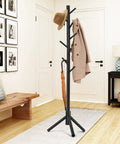 Freestanding Wooden Coat Rack With Eight Hooks And Three Section Adjustable Height Tree Design For Bedroom Hallway Or Office Dope New Zealand Pinewood Stand For Coats Hats Scarves And Bags placed in hallway with coats and hat