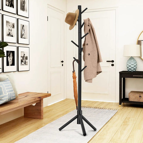 Freestanding Wooden Coat Rack With Eight Hooks And Three Section Adjustable Height Tree Design For Bedroom Hallway Or Office Dope New Zealand Pinewood Stand For Coats Hats Scarves And Bags placed in hallway with coats and hat