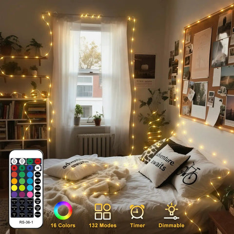 16.5Ft 50 LEDs Colorful Fairy String Lights With 132 Modes, Battery Operated And USB Powered, Remote Timer, Cozy Bedroom Decor