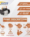 Heavy Duty 110V AC Electric Fuel Transfer Pump 16 GPM Self Priming For Diesel Kerosene Biodiesel With Solid Copper Motor displayed with specifications.