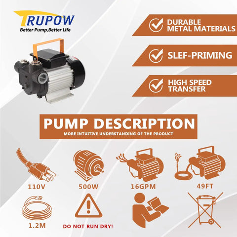 Heavy Duty 110V AC Electric Fuel Transfer Pump 16 GPM Self Priming For Diesel Kerosene Biodiesel With Solid Copper Motor displayed with specifications.