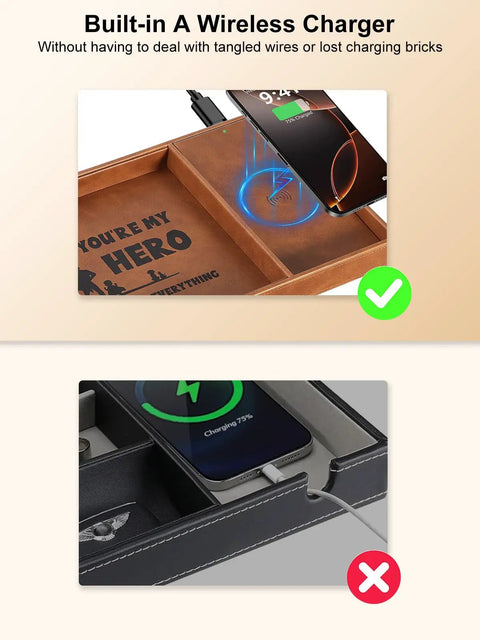 Valet Tray With Integrated Wireless Charger For Dad Youre My Hero Engraved EDC Nightstand Organizer showcasing wireless charging.