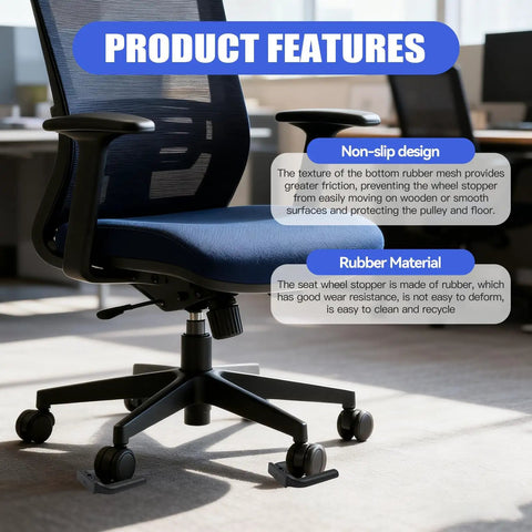 Office chair on hard floor with 5 Pack Wheel Stopper For Rolling Furniture Rubber Non Slip Floor Protectors installed.