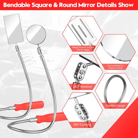 Two Pack Pro Grade Flexible Inspection Mirror Set With 360 Degree Rotation Bendable Square And Circular Mirrors To Cover Dead Angles Improve Line Of Sight For Auto Repairs A Handy Mechanic Gift In Red, showing bendable design and metal construction.