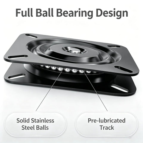 Close-up of Full Ball Bearing Design for Two Piece 7 Inch Boat Seat Swivel With Flat Pedestal Base Black Marine Replacement Gear.