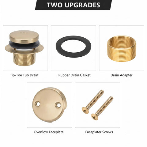 Top Shelf Champagne Bronze Bathtub Drain Stopper With Tip Toe Overflow Faceplate And Warm Brushed Gold Finish components including drain parts.