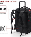 Rear view of Underseat Roller Backpack With Wheels That Pass Airline Size Rules 18x14x8 showing backpack straps and anti-dirt wheel cover.