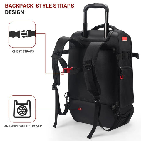 Rear view of Underseat Roller Backpack With Wheels That Pass Airline Size Rules 18x14x8 showing backpack straps and anti-dirt wheel cover.