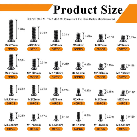 Killer 888 Piece Tiny Micro Laptop Screw Kit Featuring Countersunk Flat Head Phillips Mini Repair Screws Set In Black Carbon Steel Product Size Chart