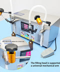 Heavy Duty Liquid Bottle Filler Machine With Digital Control And Dual Nozzles, featuring adjustable dual nozzles and foot pedal.
