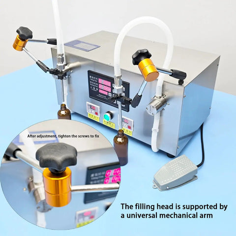 Heavy Duty Liquid Bottle Filler Machine With Digital Control And Dual Nozzles, featuring adjustable dual nozzles and foot pedal.