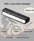 Side view of Ultra Bright 1800 Lumen Bike Light with Five Modes and size dimensions for MTB Off Road Cycling.