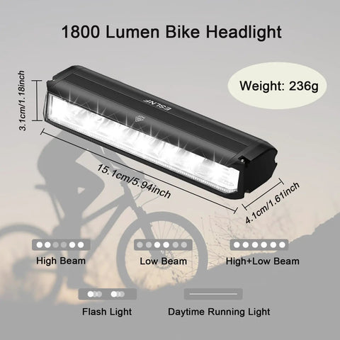 Side view of Ultra Bright 1800 Lumen Bike Light with Five Modes and size dimensions for MTB Off Road Cycling.