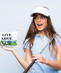 Woman holding club and 24 Pack Golf Pouch Bags Set In 12 Styles For Cosmetics, Toiletries, Phone, Headphones, And Keys, wristlet wallet organizer.